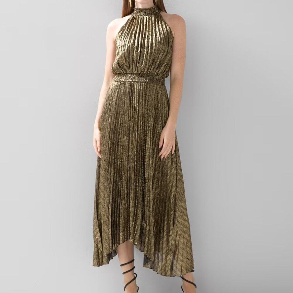 WHBM Gold Sleeveless Halter Midi Dress Size 4